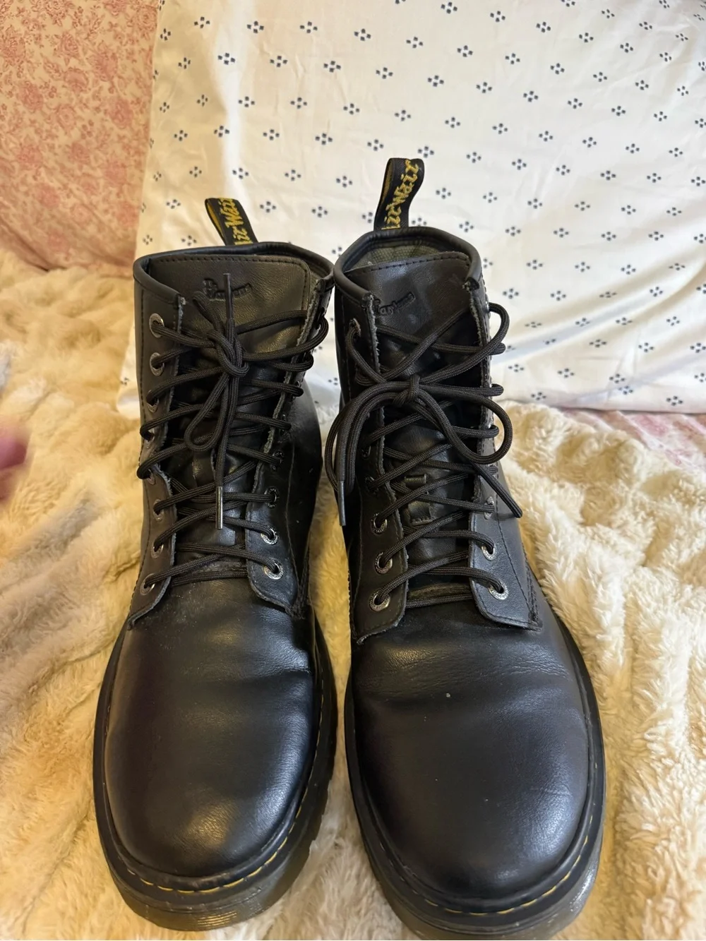 Dr. Martens Awley Black Leather Lace-Up Combat Boots with Yellow Stitch Nwot